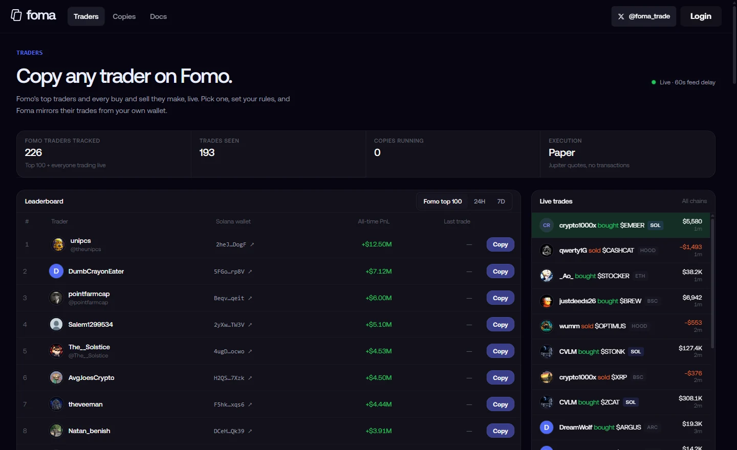 The Foma traders board: fomo's top 100 with live trades